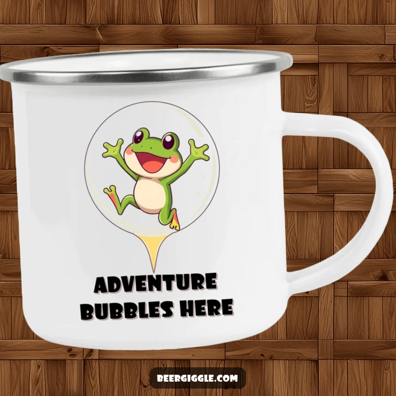 Funny Frog Camping Mug: A joyful frog character mid-leap into a beer bubble, perfect for outdoor fun.