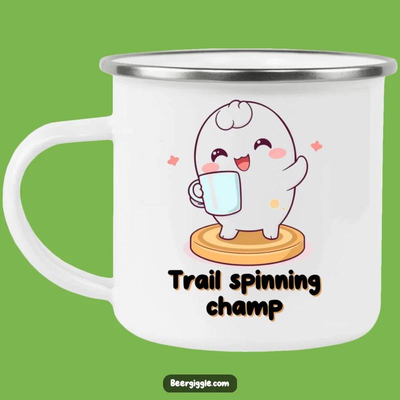 Funny Kawaii Coaster Camping Mug: Adventure Ready Spinning Character, Perfect Gift