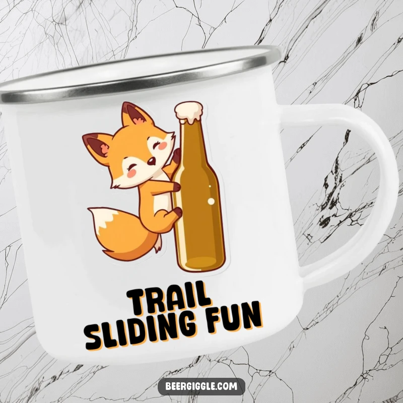 Funny Kawaii Fox Camping Mug: Sturdy mug shows a cute fox sliding down a beer bottle, ideal for outdoor fun and humor.
