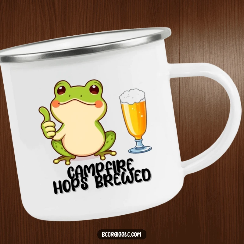 Funny Kawaii Frog Thumbs Up Camping Mug: A cute frog giving a thumbs up next to a beer glass in an outdoor setting. Durable and humorous for adventurers.