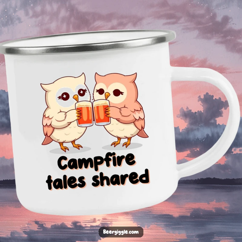 Funny kawaii owl mugs camping mug with twinkling owls clinking, for outdoor adventures and celebrating friendship.