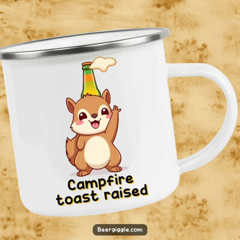 Funny kawaii squirrel beer camping mug showing a happy squirrel holding a beer bottle aloft, for outdoor celebrations.