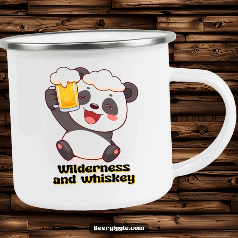 Funny panda camping mug with a cheerful character raising a frothy beer stein, durable for adventures.