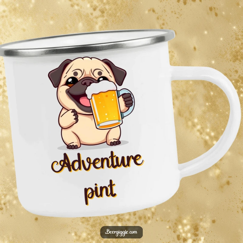 Funny pug beer toast camping mug, featuring a joyful pug toasting a beer, perfect for outdoor enthusiasts.