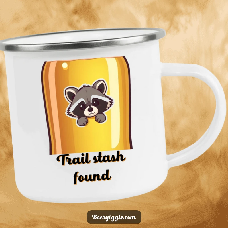 Funny raccoon character peeking behind a giant beer bottle, enamel camping mug, durable and portable for outdoor use.