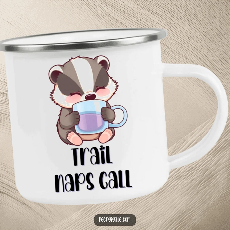 Funny Badger Camping Mug: A sleepy badger character nodding off beside a beer mug, perfect for outdoor relaxation.