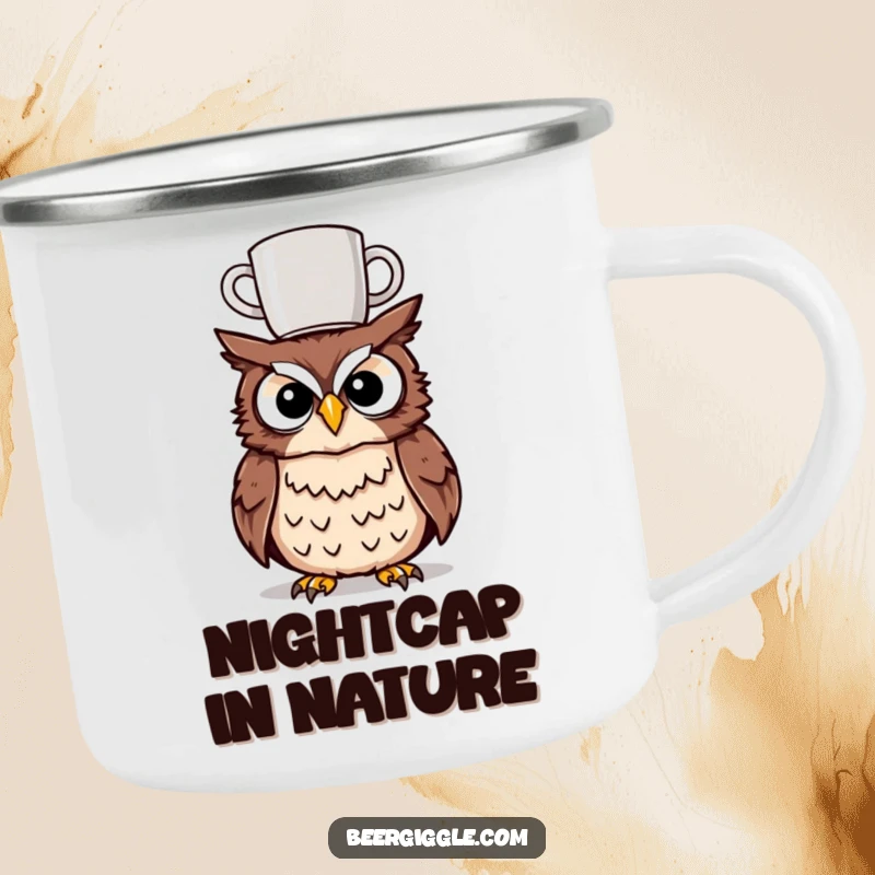 Funny tipsy owl camping mug, a character humorously balancing a mug on its head, durable for outdoor adventures.