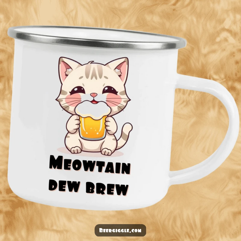 Funny Cat Camping Mug: A playful cat character enjoying a frothy beer, durable and ready for outdoor escapades.