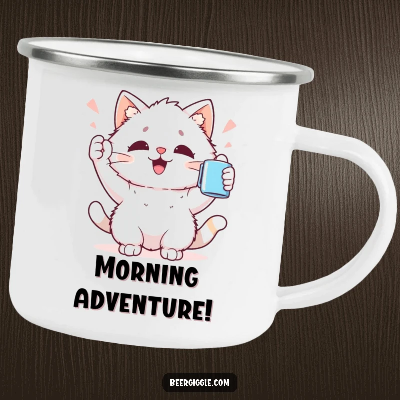 Funny Kawaii Cat Camping Mug: Sturdy mug shows a cute cat cheering with a mug aloft, ideal for outdoor celebrations and humor.