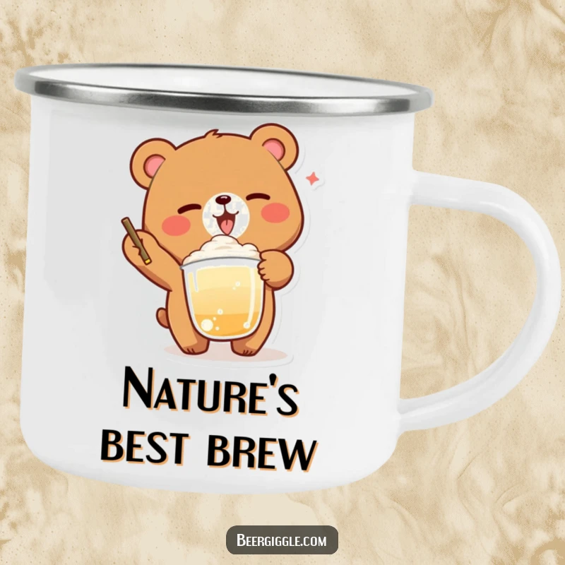 Funny Bear Winking Camping Mug: A delighted bear winks while balancing a foamy beverage, ready for hilarious outdoor fun.