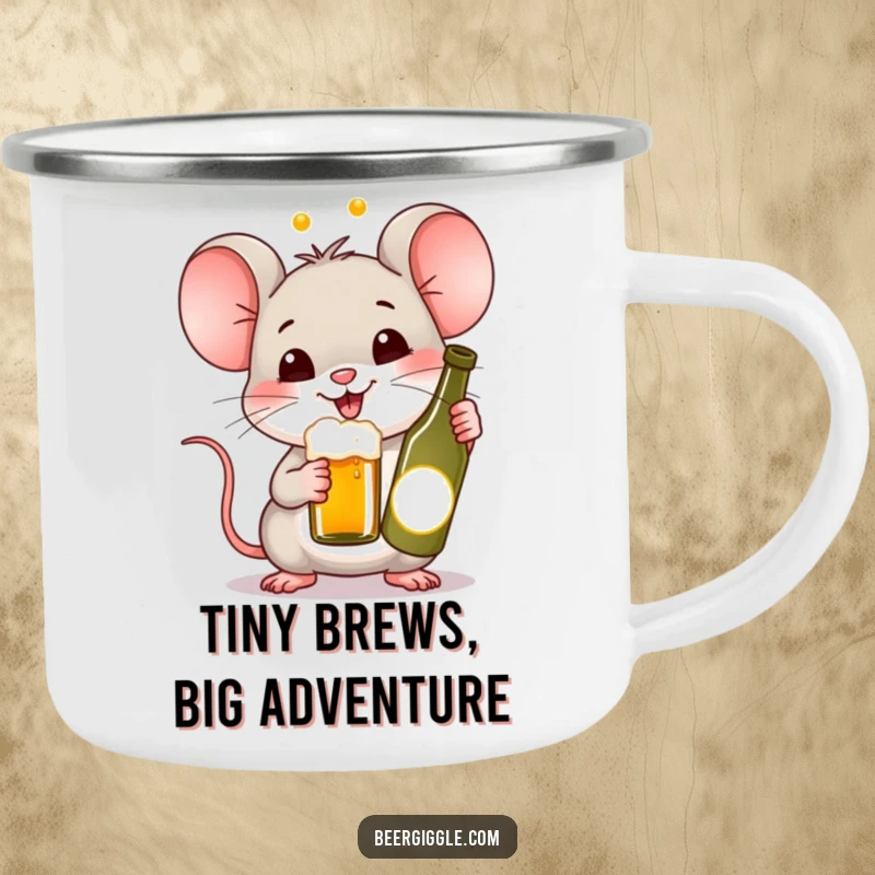 Funny Kawaii Mouse Beer Camping Mug: A cute mouse cheering with a tiny beer bottle in an outdoor setting. Durable and humorous for adventurers.
