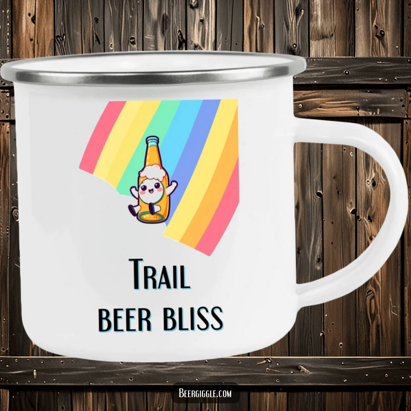 Funny kawaii beer bottle character sliding down a rainbow on a rugged camping mug, perfect for outdoor adventures and bringing cheer.