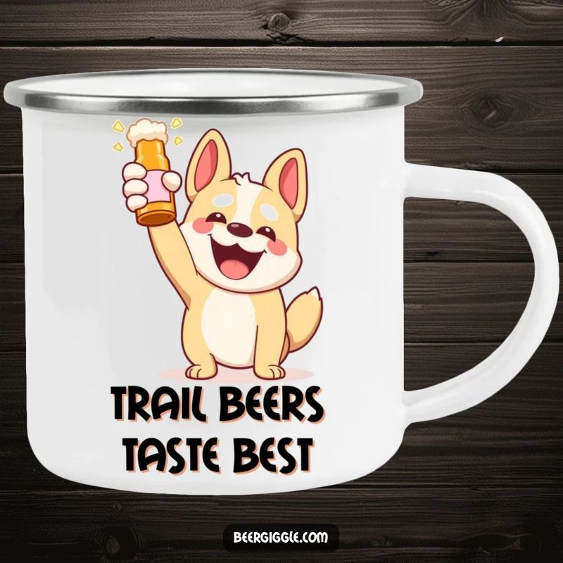 Funny Kawaii Dog Beer Toast Camping Mug: A happy dog toasting with a beer bottle in an outdoor setting. Durable and humorous for adventurers.