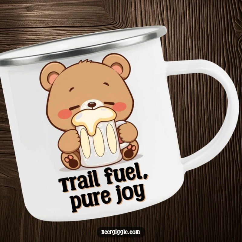 Funny kawaii bear stein camping mug showing a happy bear sipping, durable and humorous for outdoor enjoyment.