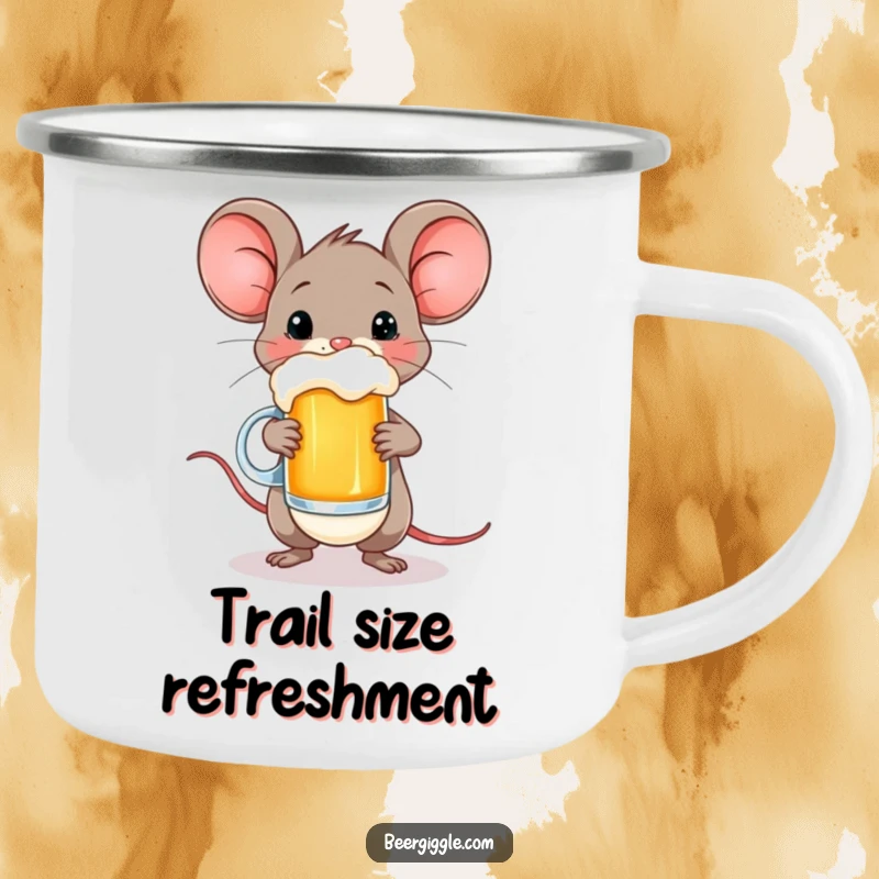 Funny camping mug depicting a happy mouse balancing a small beer mug, perfect for outdoor humor.