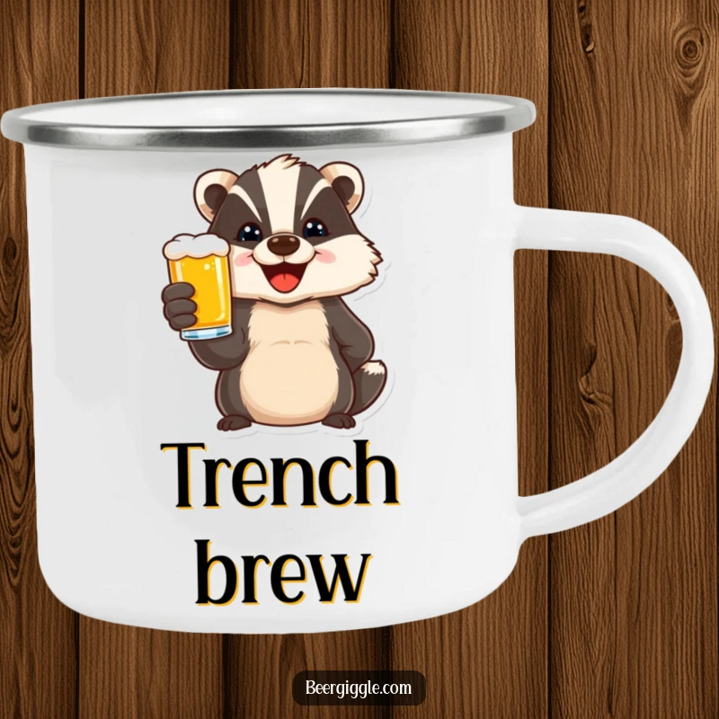 Funny camping mug with a delighted badger character toasting with a beer, perfect for outdoor celebrations and humorous enjoyment.