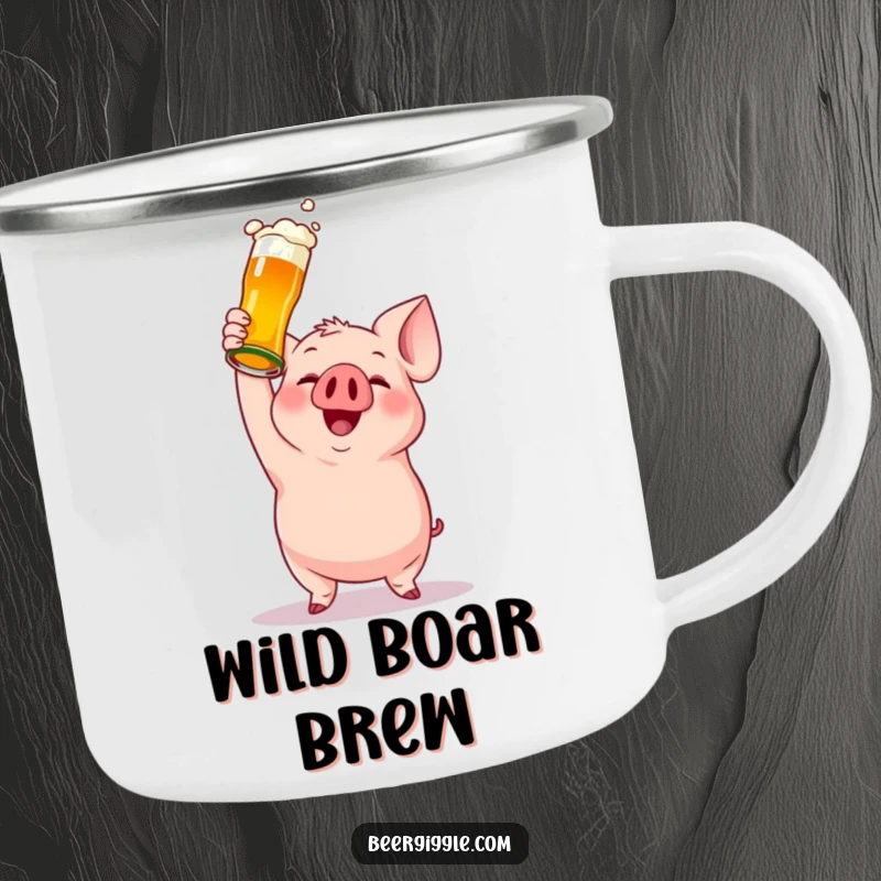 Funny camping mug featuring a gleeful pig character holding a beer bottle, designed for outdoor adventures and humorous enjoyment.