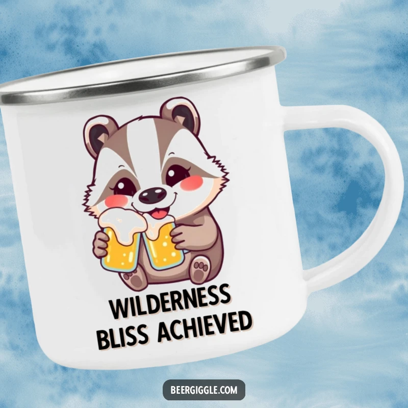 Funny kawaii badger beer camping mug featuring a contented smiling badger, durable and humorous for outdoor adventures.