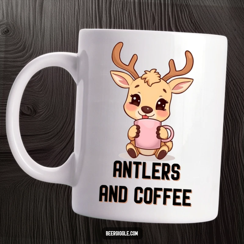 Funny deer character smiling happily while holding a mug that has antlers, a humorous and charming mug design.