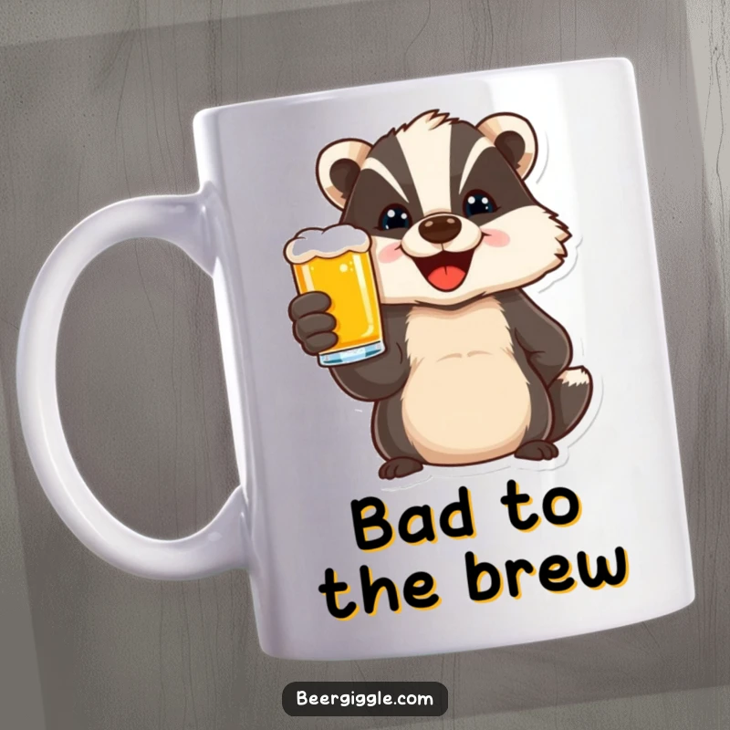 Funny mug featuring a delighted badger character joyfully toasting with a beer, symbolizing celebration and good times.