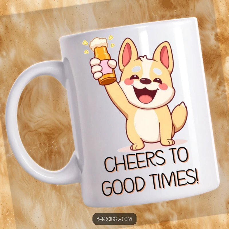 Funny Kawaii Dog Mug: A cheerful pup gleefully toasting with a beer bottle, spreading joy. Ideal for dog enthusiasts seeking a fun beverage companion.