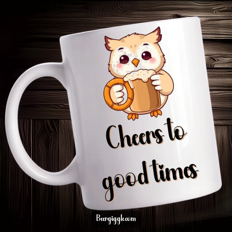 Funny Kawaii Owl Mug: Adorable owl character cheerfully clinking a mug with a pretzel, celebrating friendship and fun.