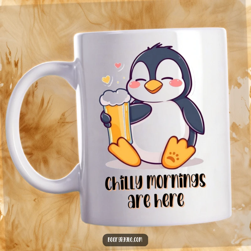 Funny Kawaii Penguin Beer Mug: A content penguin relaxing with a cold beer. Cozy and humorous drinkware for a laid-back mood.