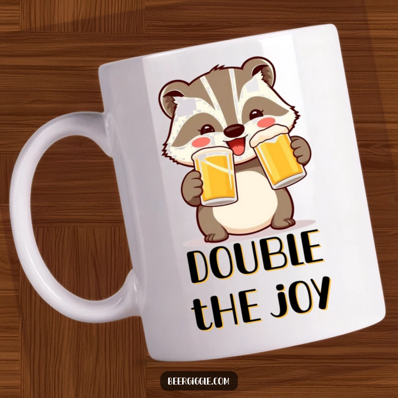 Funny Badger Toast Mug: A cheerful badger with two mugs, toasting happily, perfect for humorous morning greetings.