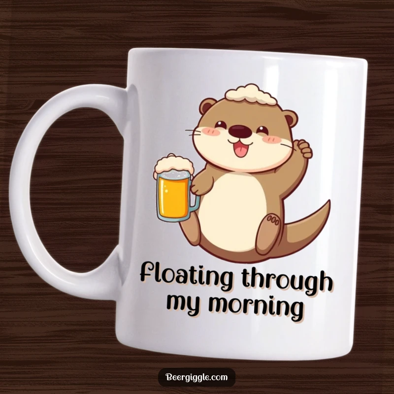 Funny Mug featuring a cheerful otter character floating happily on its back with a frothy beer mug, enjoying life.