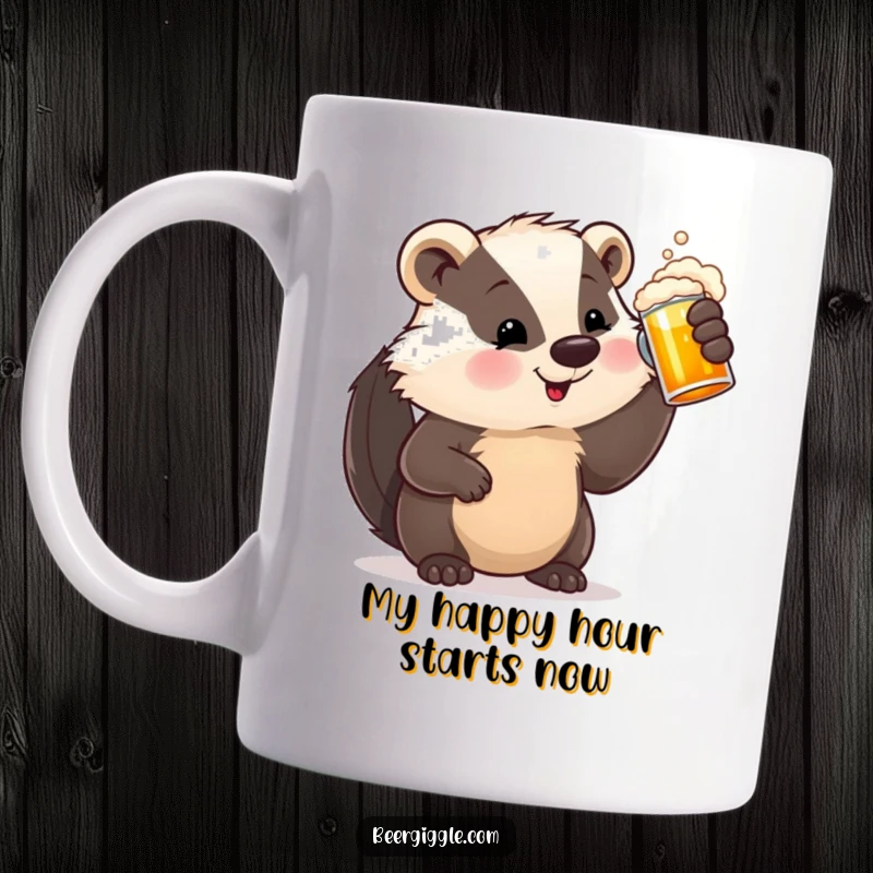 Funny Mug featuring a satisfied badger character raising a frothy beer stein with a contented sigh, enjoying a perfect beer.