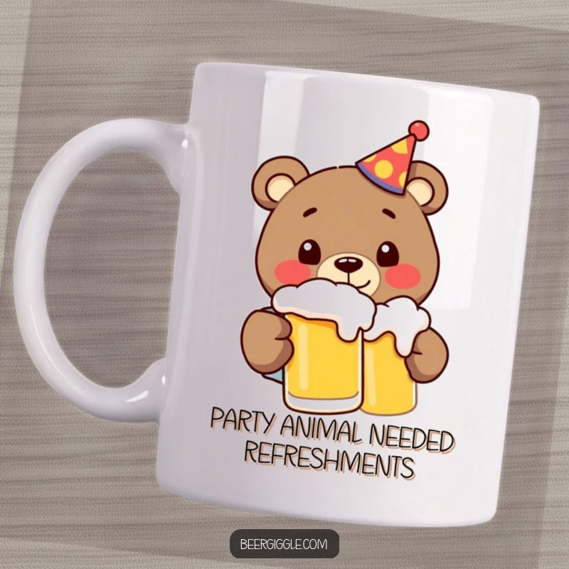 Funny bear wearing a party hat chugging frothy beer from a mug, embodying pure, unadulterated, hilarious joy and celebration.