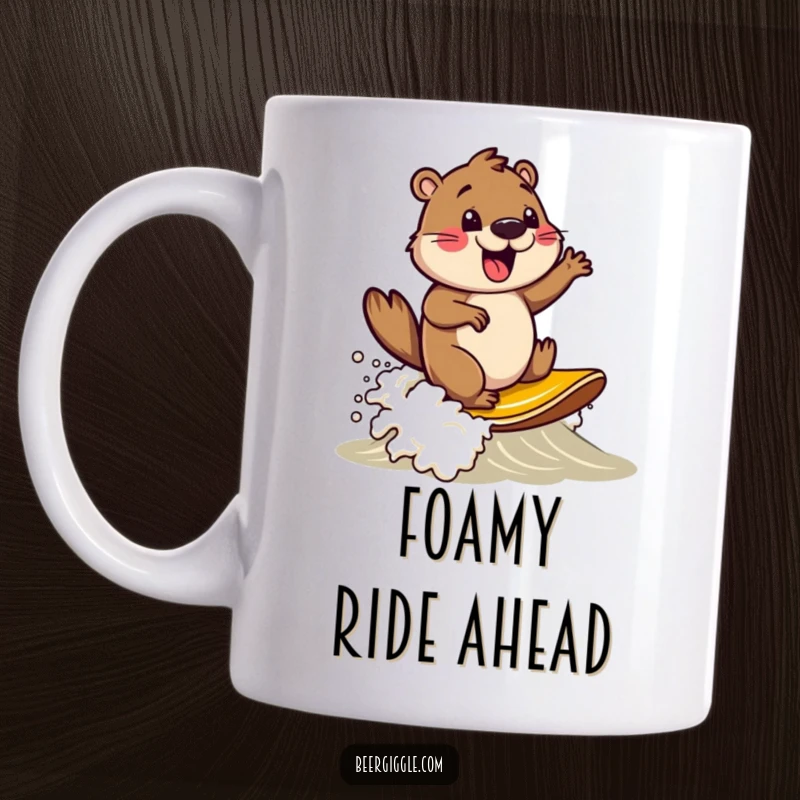 Funny beaver character surfing on a giant wave of beer foam, a joyous and humorous mug design for fun-loving individuals.