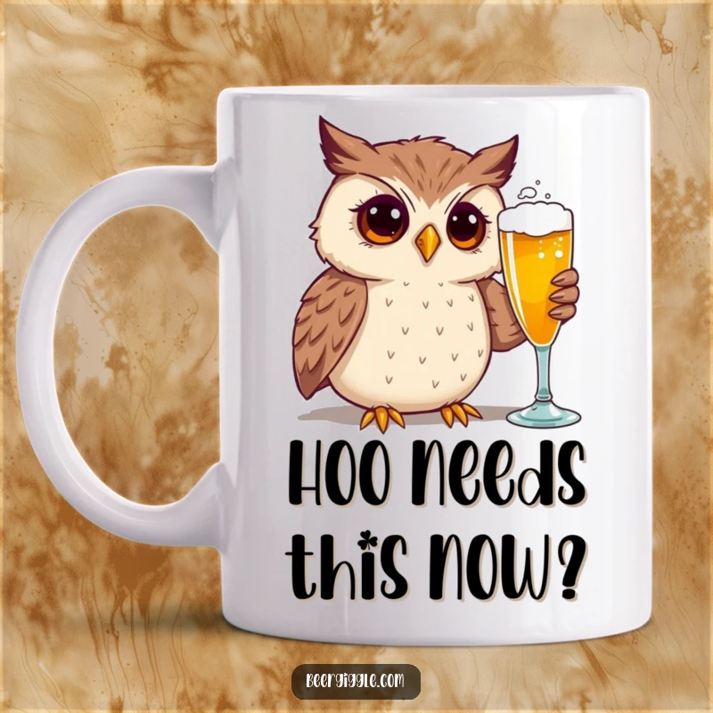 Funny mug featuring a curious owl with wide eyes, gazing intently at a frothy beer glass, exuding humor and delight.