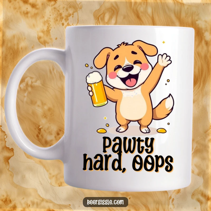 Funny dancing dog mug featuring a happy character spilling beer while celebrating, perfect for dog lovers and party animals.