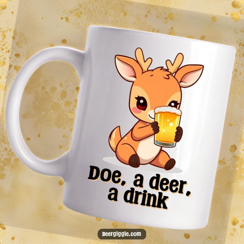 Funny Mug featuring a charming deer character delicately holding a small, frothy beer glass, embodying gentle enjoyment.
