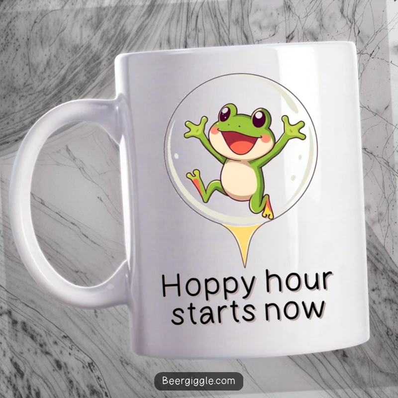 Funny Frog Mug: A joyful frog character leaping enthusiastically into a massive, shimmering beer bubble, full of glee.