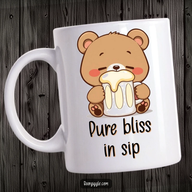 Funny kawaii bear mug with closed eyes, happily sipping from a large stein, conveying peaceful enjoyment.