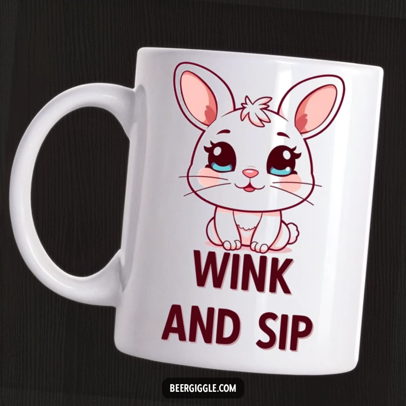 Funny Kawaii Bunny Mug: Sweet bunny character winks playfully holding a full mug, radiating charm and humor.