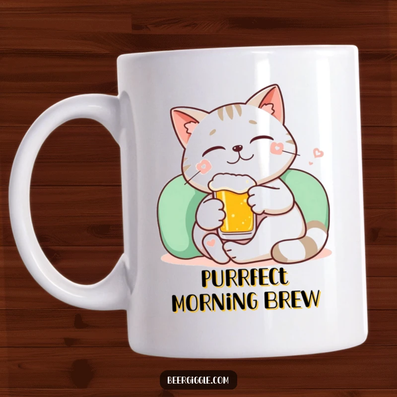 Funny kawaii cat lounging peacefully with a tiny beer and a content smile, radiating calm humor.