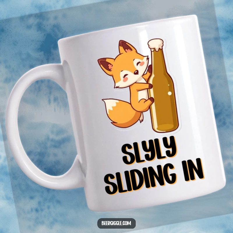 Funny Kawaii Fox Mug: Charming fox character playfully sliding down a beer bottle, embodying fun and mischief.