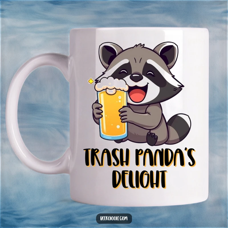 Funny kawaii raccoon with a wide, delighted smile enjoying a frothy beer, radiating pure bliss.