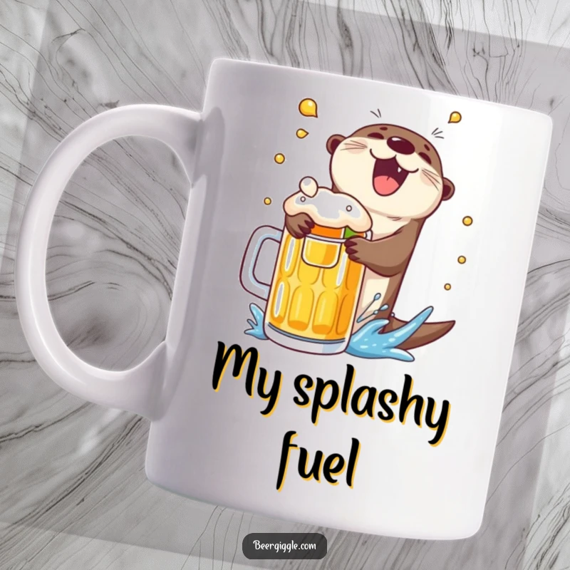 Funny delighted otter mug, joyfully cannonballing into a giant beer mug, radiating pure aquatic fun and excitement.