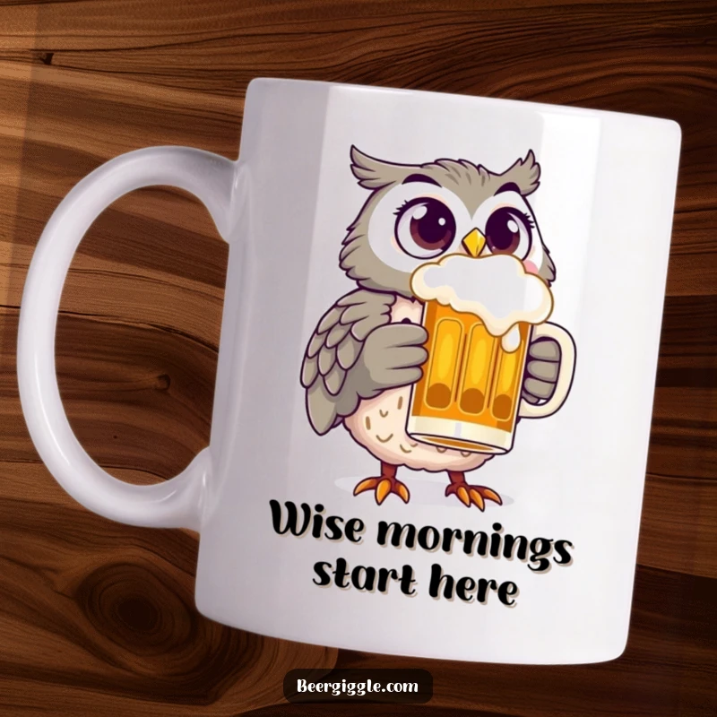 Funny, cheerful owl with wide eyes holding a frothy beer stein, radiating delight and humor on this ceramic mug.