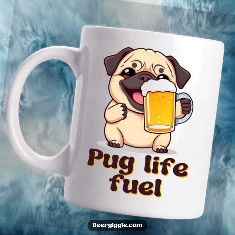 Funny smiling pug mug, enthusiastically toasting a full pint glass, radiating cheerful celebration and doggy delight.