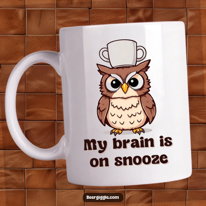 Funny owl mug with a tipsy character balancing a coffee cup on its head, looking delightfully unbalanced and ready for a laugh.