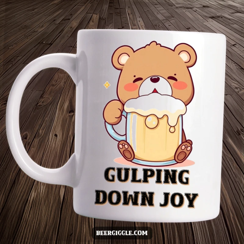 Funny Kawaii Bear Mug: Cute bear character joyfully gulping a frothing mug, capturing a moment of pure beverage bliss.