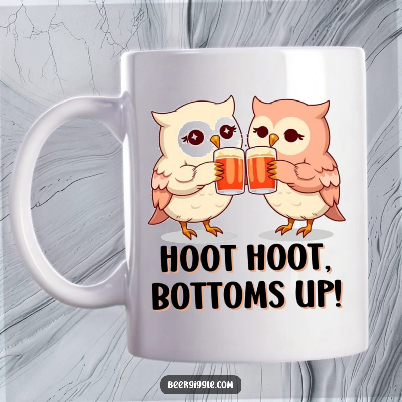 Funny kawaii owl mugs with twinkling eyes, clinking mugs, symbolizing friendship and shared celebratory moments.