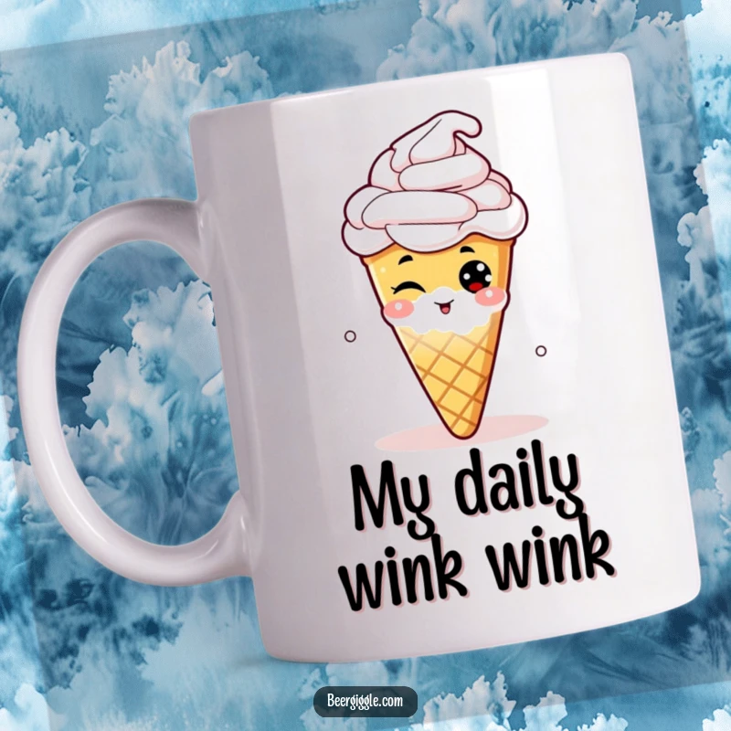 Funny coffee mug with a cartoon hop cone winking mischievously from a glass of frothy beer, adding a cheeky charm.