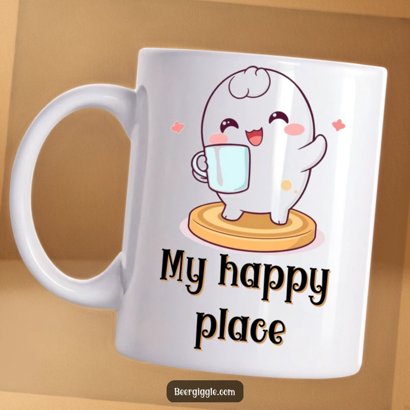 Funny kawaii coaster character joyfully spinning with a mug, showcasing cute and happy vibes for your coffee or tea time.
