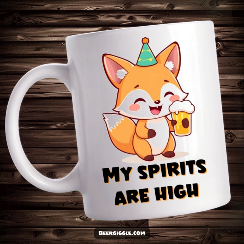 Funny Fox Party Beer Mug: A smiling fox in a party hat holds a beer, ready to celebrate with a hilarious toast.